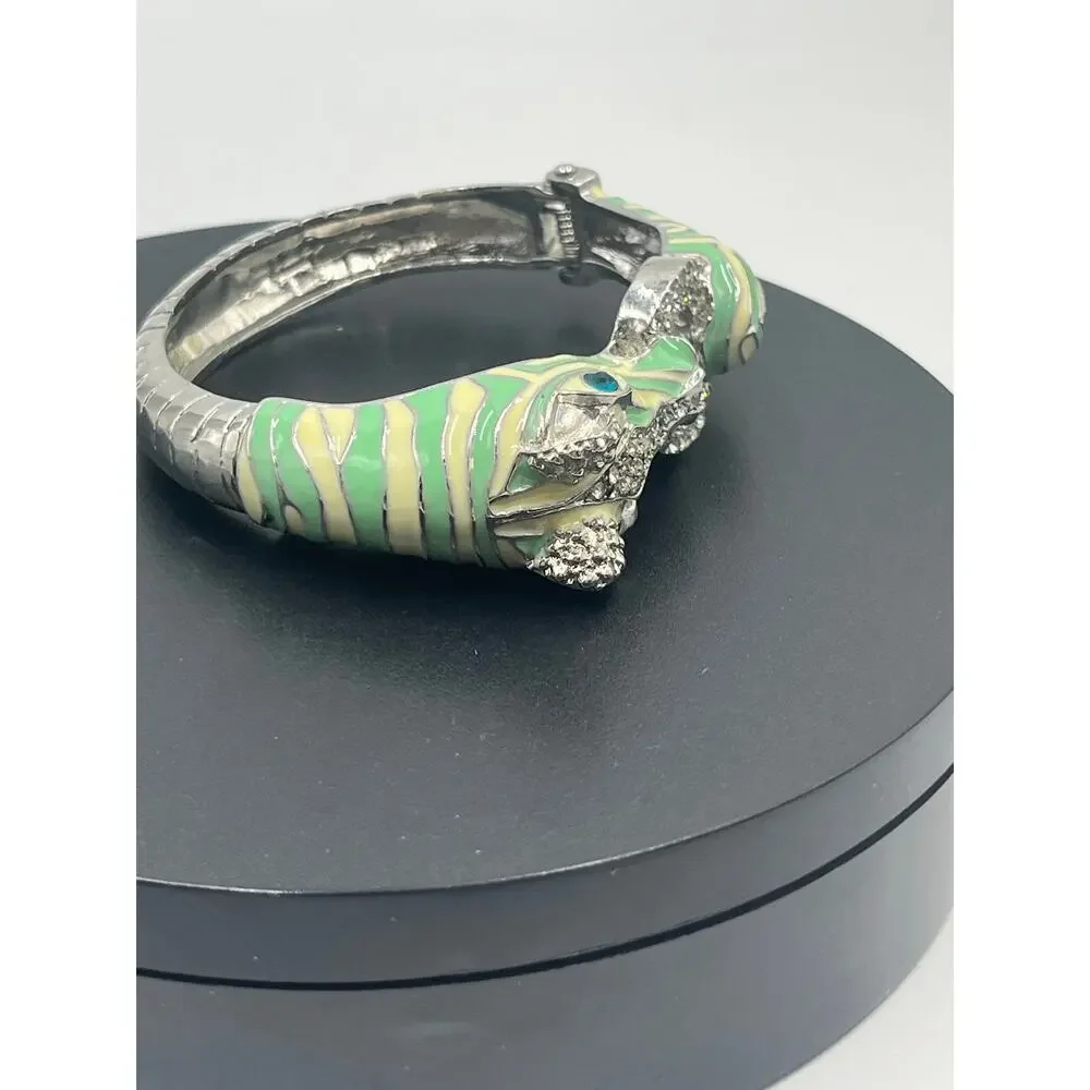 Mint and Cream Zebra with‎ Stripes Hinged Rhinestone Blue Eyes Bangle Bracelet